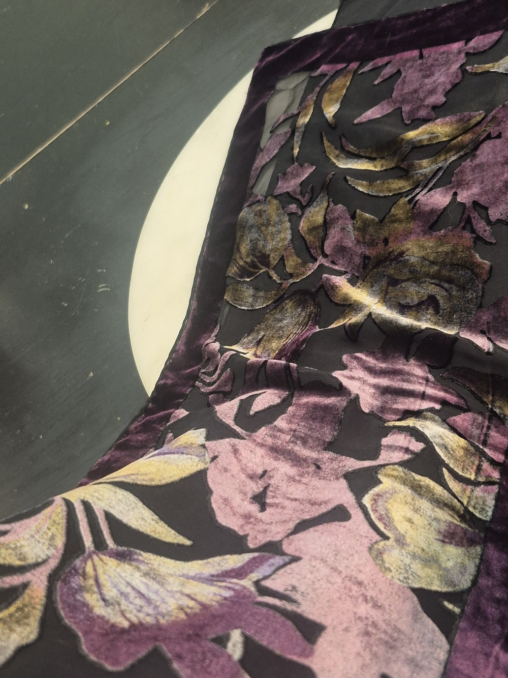 Italian Burnout Handrolled Purple Floral Velvet Scarf 9x54 - Picture 7 of 16